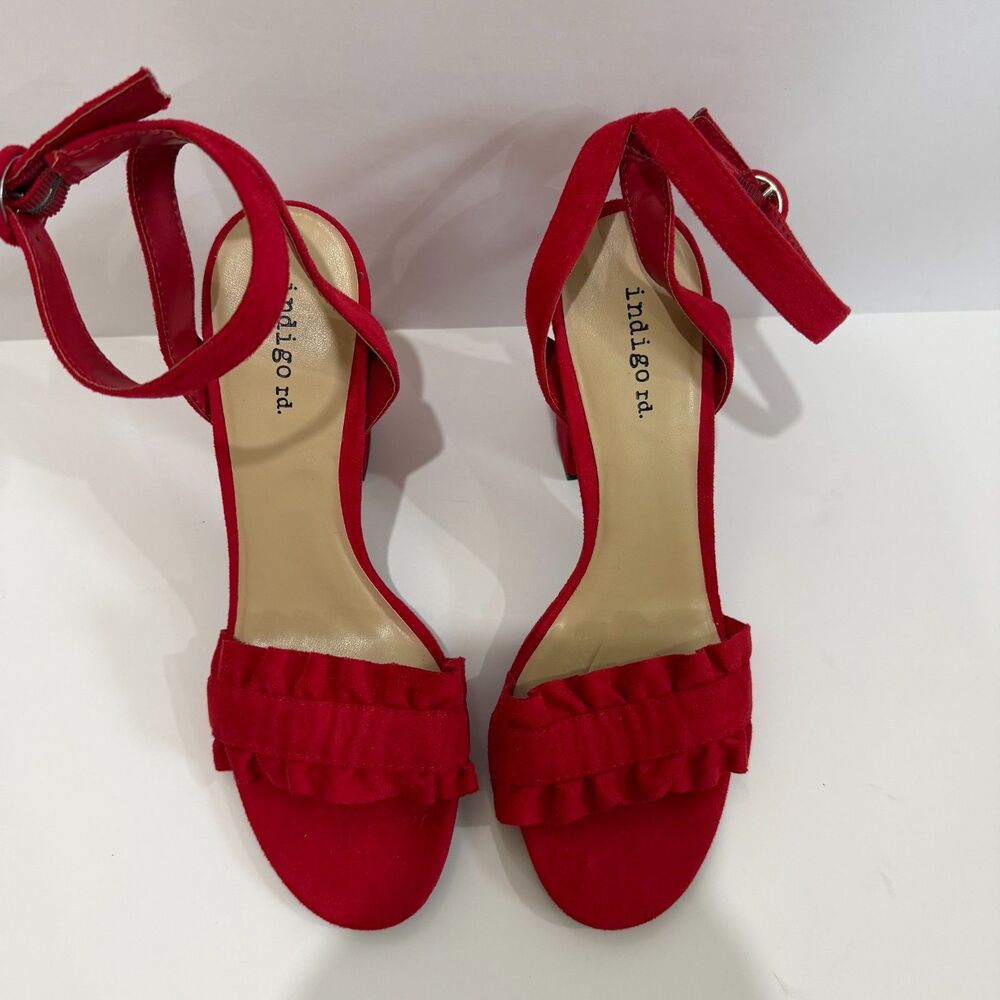 Indigo Rd Red Ruffled Ankle Strap Block Heel Sandals Macy's - Picture 4 of 6